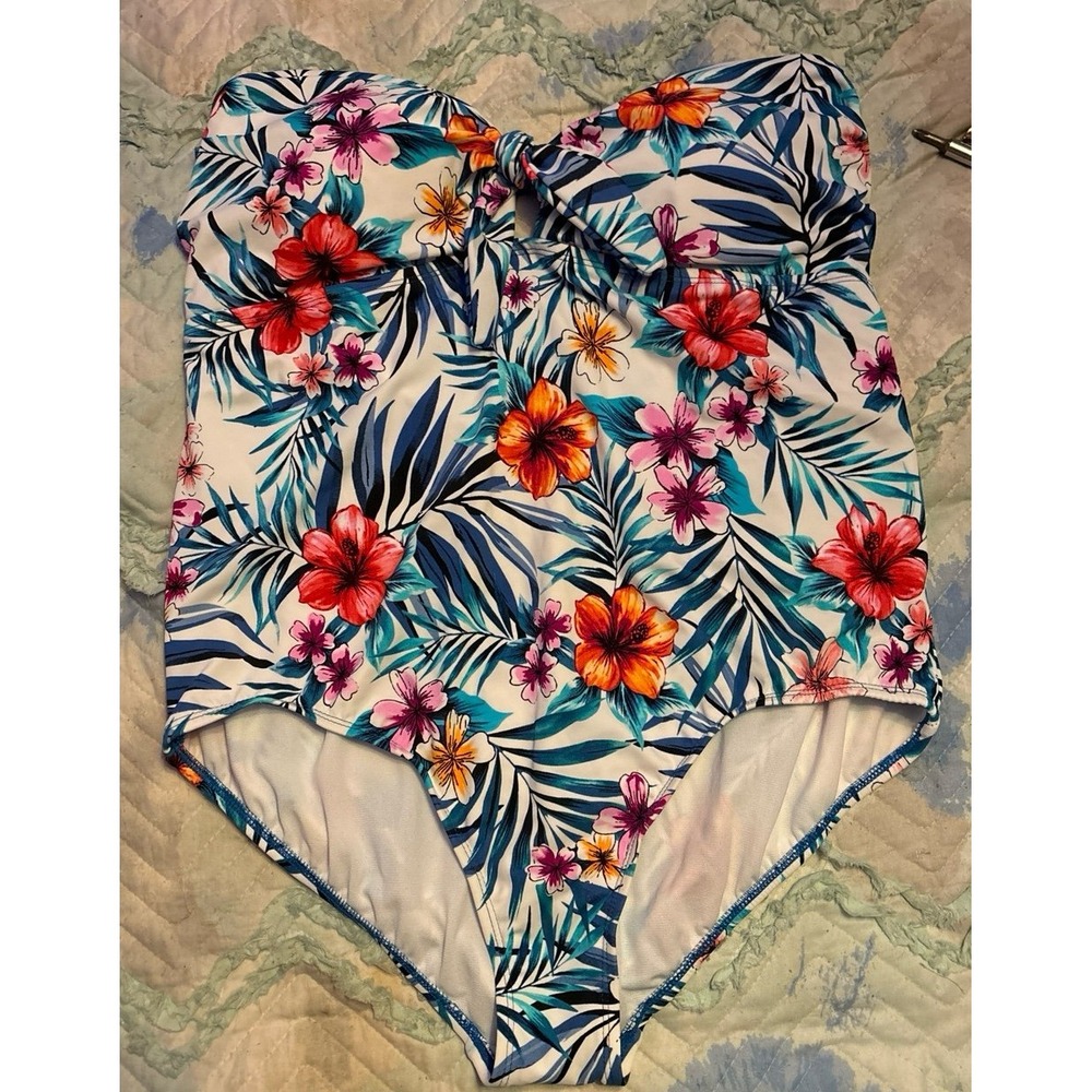 Time & Tru Plus Size Strapless Tropical Floral One Piece Swimsuit, 1X (16W-18W)